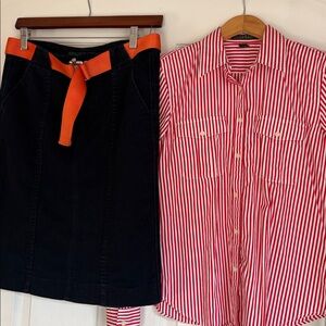Ralph Lauren. Navy denim pencil skirt orange belt & striped red/white shirt